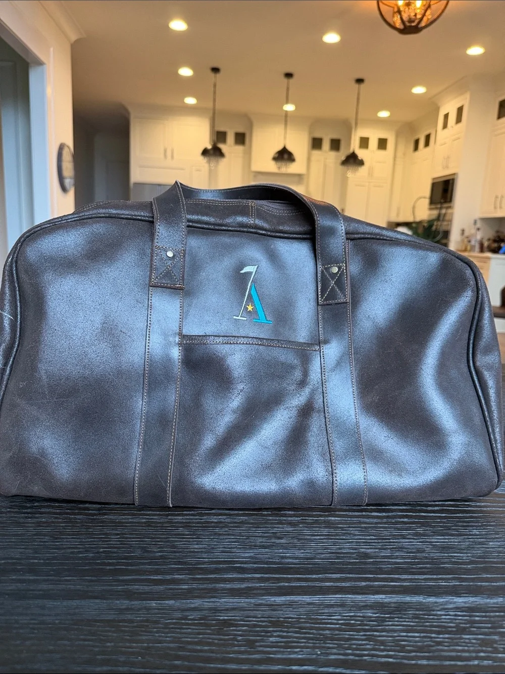 Alotian Golf Club Monogrammed Dark Brown Leather Duffel Bag with Logo